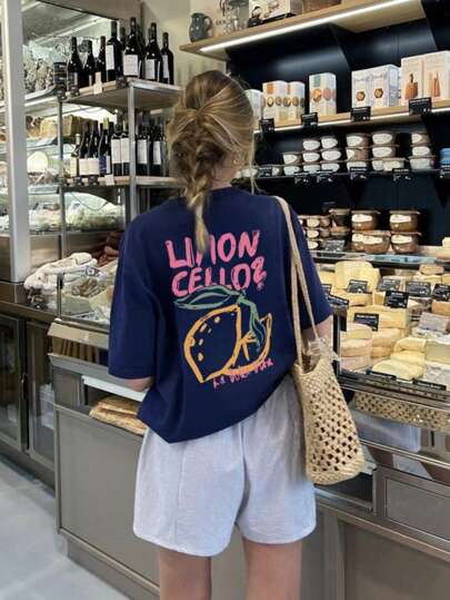 Women's Lemon Print Round Neck Short Sleeve T-Shirt, Casual Vacation Style Top, Fashionable Summer Everyday Casual Wear