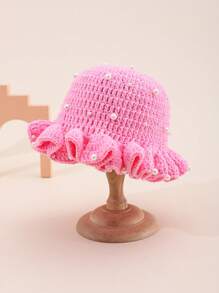 1pc Women's Cute & Casual Y2K Style Fashion Handmade Crochet Solid Color Pleated Rim With Lots Of Pearl Decor 3D Textured Bucket Hat, Recommended For Outings, Travel, Daily Wear - Pearl - View 10