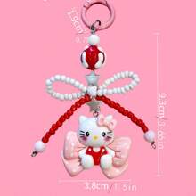 Sanrio 1PC New Cartoon Bow Cat Keychain Pendant Personalized Hand Drawn Bead Rice Bead Chain Accessories Earphone Cover Decoration