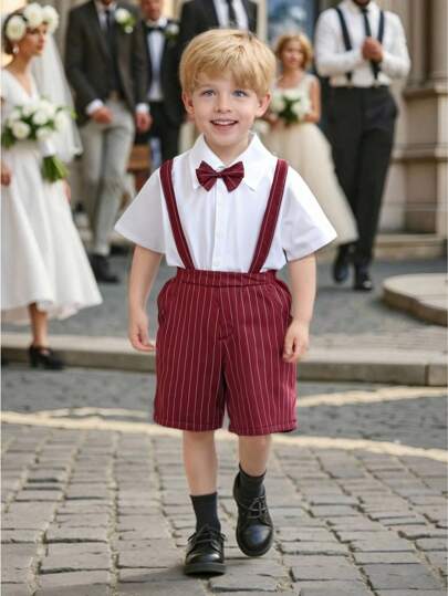 Conjunto de 2 piezas para niños pequeños: camisa con cuello, corbata de moño, pantalones cortos de tirantes a rayas, conjunto informal y cómodo de estilo colegial de mini caballero