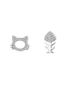 S925 Sterling Silver Asymmetric Zirconia Cute Cat Bone Stud Earrings, Ideal Valentine's Day Gift For Girlfriend/BFF, Hypoallergenic, Versatile For Party/Daily Wear, Great For Ear Piercing