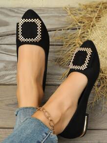 女士尖头平底鞋，新款软底一脚蹬乐福鞋，低跟防滑工作/休闲办公鞋，时尚水钻装饰，轻便透气纯色平底鞋 - 黑色 - 查看 3