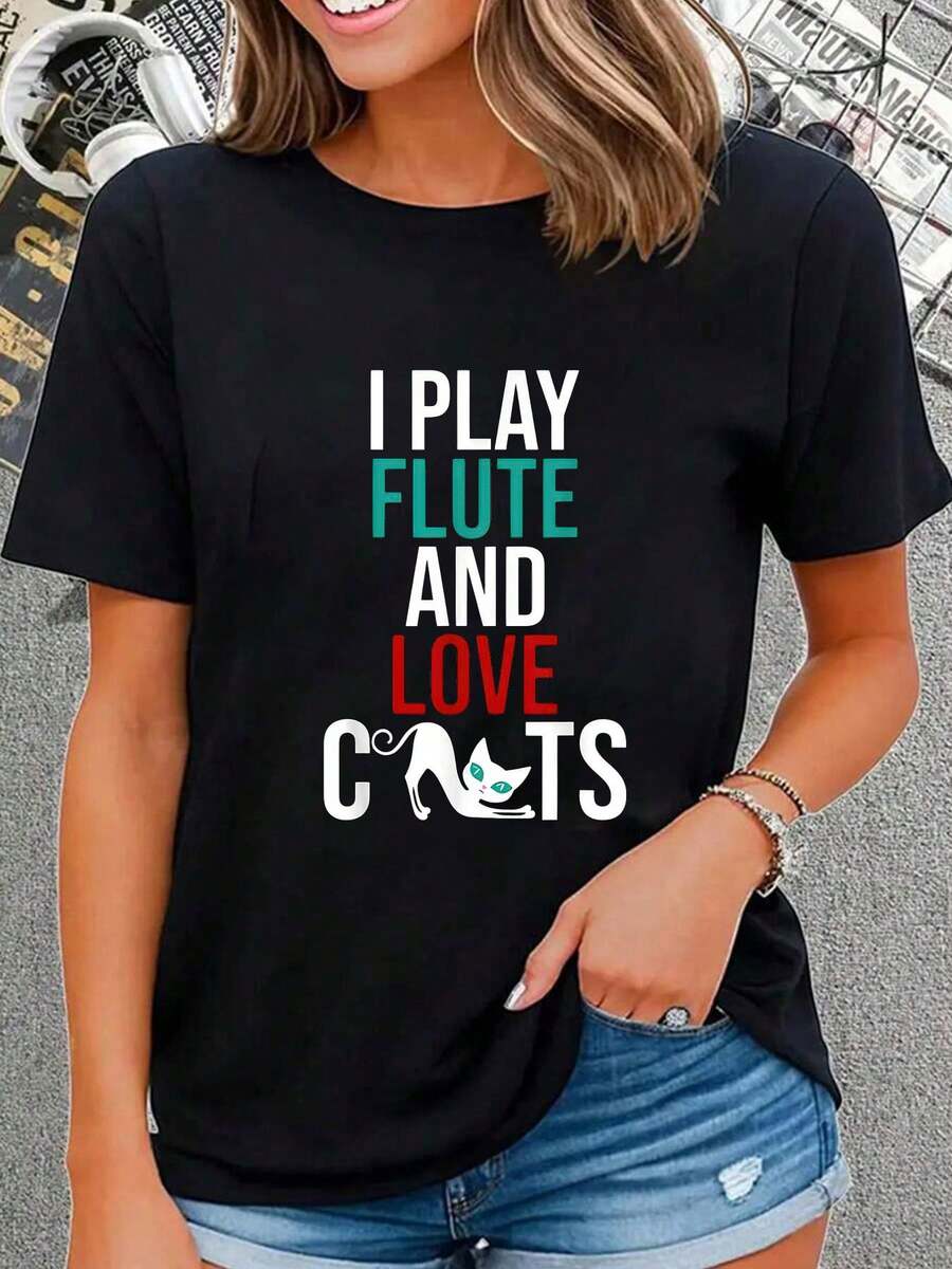 I Play Flute And Love Cats - Flute Flutist Marching Band,Quality Cotton T-Shirt , Short Sleeve Crew Neck Shirt,Cotton Top For Women - Black - View 1