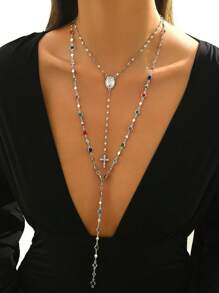 2 pièces/Set Collier long en forme de Y argent avec pendentif croix classique, chaîne polyvalente pour pull pour femmes, peut être porté seul ou en superposition avec d'autres colliers longs de couleurs différentes (couleur aléatoire) - Argent - Voir 3