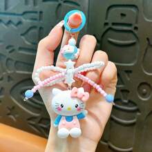 Sanrio 1PC New Cartoon Bow Cat Keychain Pendant Personalized Hand Drawn Bead Rice Bead Chain Accessories Earphone Cover Decoration