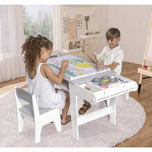Set With Chairs For Playroom, Toddler Craft And Play Wood Activity Table With Storage Bins And Paper Roll (Grey And White)