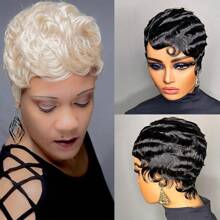 Short Finger Wave Pixie Cut Human Hair Wigs Black Color Pixie Cut Wig Short Curly Brazilian Ocean Wave Wig Glueless Wigs For Women
