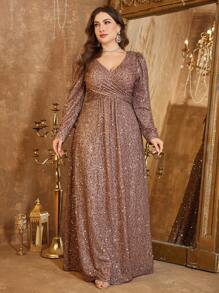 UNITHORSE Plus Size V-Neck Solid Long Sleeve Wrap Sequin A-Line Elegant Evening Party Dress, Wedding Guest Dress, Formal Dress,Gown, Fall Women Clothes - 咖啡棕 - 查看 4