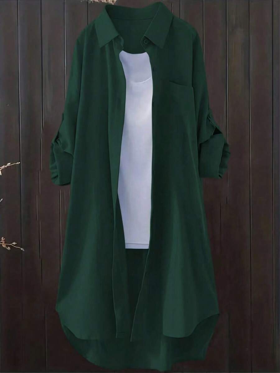 Women's Casual Solid Color Roll Up Sleeve Blouse, Spring/Autumn - Dark Green - View 1