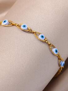 1 Pieza Pulsera con colgante de ojo azul malvado en forma oval para mujeres, color dorado de acero inoxidable con cuentas de esmalte, joyería de regalo