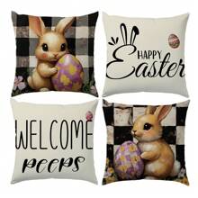 4 件套复活节复古黑白格子兔子枕套套装，单面印花毛绒天鹅绒，45 * 45 厘米/18 * 18 英寸靠垫套适用于现代布艺沙发室内装饰、派对装饰、礼物 - 彩色 - 查看 2