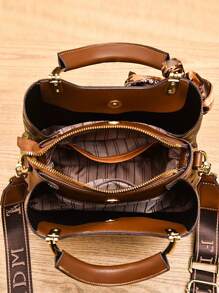 3 Peças Conjunto de Bolsas de Moda Feminina com Padrão Geométrico, Cor Marrom Escuro, Material de Couro Artificial, Forro de Poliéster, Borda de Óleo para Mulheres Elegantes