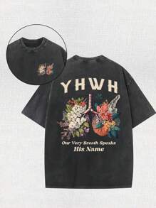 We Say His Name Every Breath, Butterfly, Jesus. 230g Wax Printed Double-Sided Printed Short-Sleeved T-Shirt, Vintage Washed, 100% Cotton, Comfortable And Loose Short-Sleeved T-Shirt, Optional In Summer. - màu đen - Xem 1