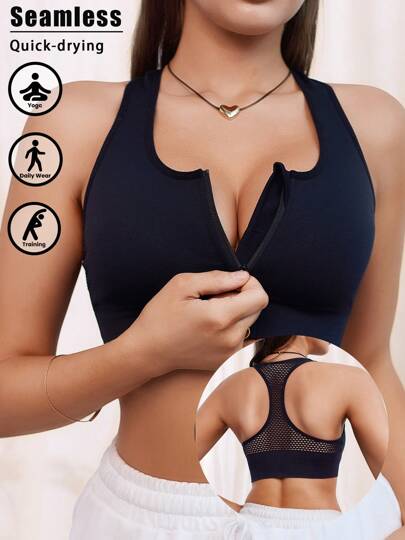 1pc Zwart Zipper Padded Seamless Elastic Sports BH