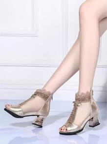 2025 夏季新款女士广场舞鞋蕾丝水钻网眼坡跟芭蕾舞鞋，露趾软底舞蹈鞋 - 金色 - 查看 9