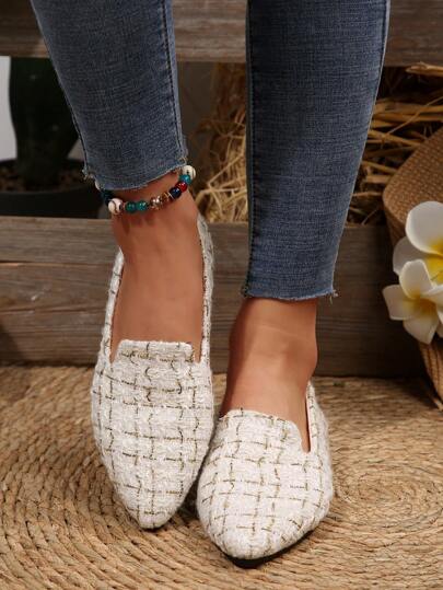 Foot Flair Women Ballet Flats Faux Suede Pointy Toe Elegant Flat Shoes, White Solid Color Casual Commute Comfortable Slip-On Loafers