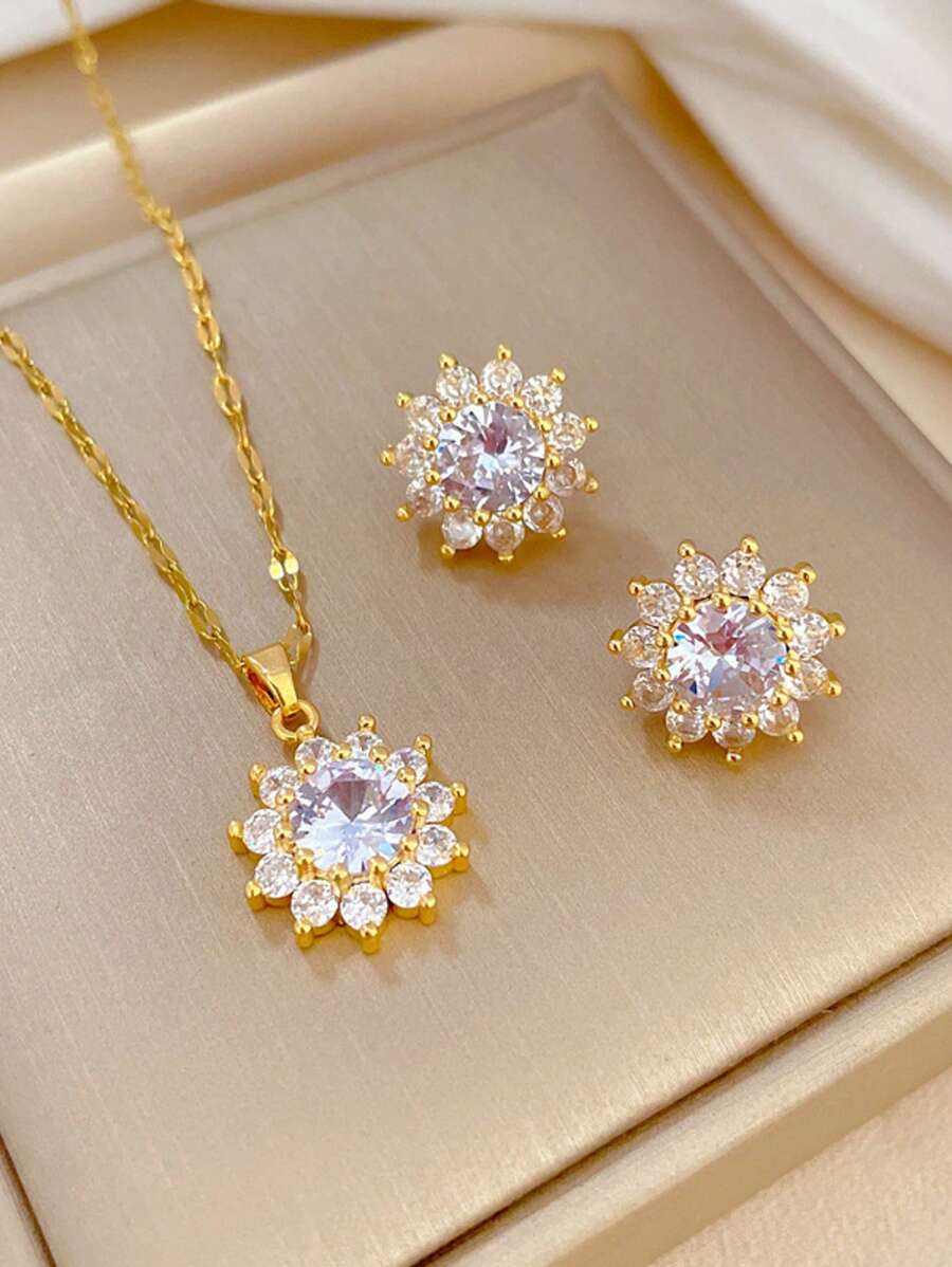 1 Set Stainless Steel Rhinestone Necklace And Earring Set, Minimalist Classic Luxury Jewelry Gift, Suitable For Parties, No Gift Box Included - Gold - View 1