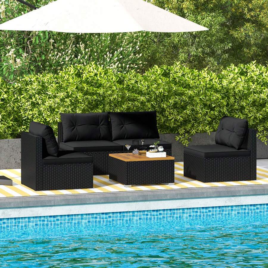 5 Piece Outdoor Furniture Set W/ Seat & Back Cushions Acacia Wood Tabletop - Black - View 1