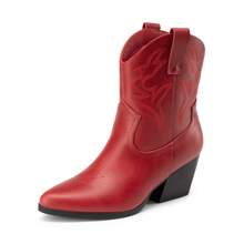 Women's Cowboy Ankle Boots Western Booties Low Heel Pointed Toe Cowgirl Boots - 紅色 - 查看 4