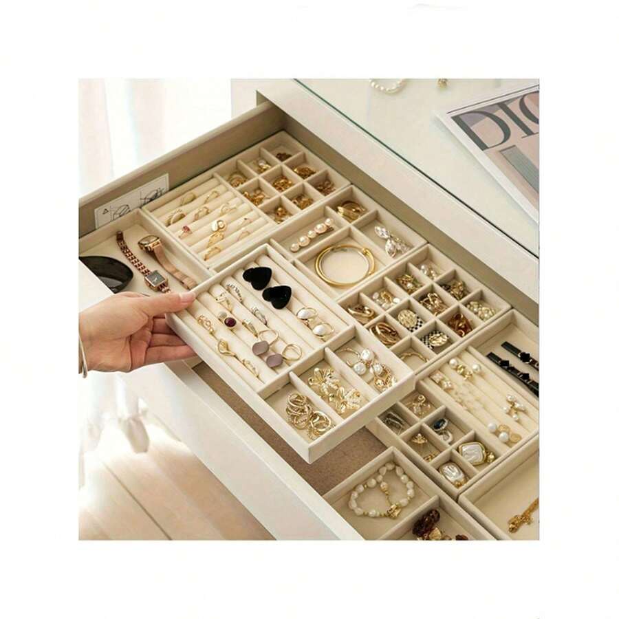 1pc Chest Of Drawers Jewelry Box Packing Storage Box Household Earrings Studs Necklace Hair Accessories Flannel Cloth Jewelry Tray