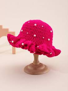 1pc Women's Cute & Casual Y2K Style Fashion Handmade Crochet Solid Color Pleated Rim With Lots Of Pearl Decor 3D Textured Bucket Hat, Recommended For Outings, Travel, Daily Wear - Pearl - View 7