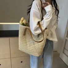 Solid Color Weaving, Large Capacity, Simple And Versatile. Summer Beach Vacation, Fashionable Shopping, Small And Fresh Rural Style. Commuting, Class, Work. Women's Shoulder Woven Bag
