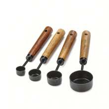 4/8 piezas Taza y cuchara de medir, conjunto de taza de medir y cuchara de medir de acero inoxidable, taza de medir de acero inoxidable con mango de madera de acacia para ingredientes secos y líquidos, herramientas para hornear DIY, cuchara para sazonar, cuchara para polvos, cuchara de café