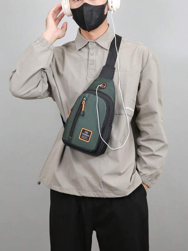 Color Block Black Nylon Crossbody Bag, Waterproof & Durable, Men's Chest Pack, Campus Backpack, Fashion Shoulder Bag With Earphone Hole, Large Capacity Multi-Pocket Outdoor Hiking Waist Pack, Cosmetic Bag, Daily Commute Shopping Tote, Suitable For Teens, Casual Outdoor, Athletic, Travel, Graduation Gifts, Birthday Dress Accessories