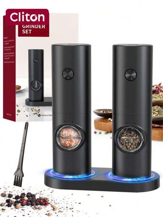 CLITON סט מטחנת מלח ופלפל חשמלי, ביד אחת, מופעל על סוללה, גסות מתכווננת, אור LED, טחנת פלפל עם מעמד, כלי תיבול למטבח, אוכל או מתנות, סט מטחנת מלח ופלפל חשמלית עם בסיס אחסון, מופעל על סוללה, טחינה אוטומטית עם תאורת לד, גסות מתכווננת, התנעה ביד אחת עם כפתור, חומר ABS, עוזר טוב במטבח, סט שחור עם מברשת