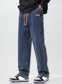 男士抽绳松紧腰水洗休闲宽松直筒牛仔裤 - 寶藍色 - 查看 3