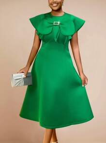 Vestido de festa elegante e modesto de Páscoa com mangas curtas e laço com strass, cintura alta e corte A, roupas de primavera para mulheres, vestido para convidada de casamento, para coquetel - Verde - Ver 3