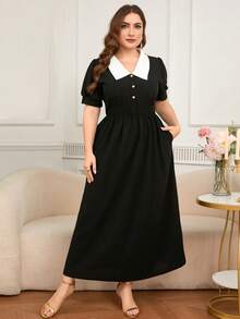 DEARCASE Plus Size Women's Color Block Collar Short Sleeve Dress - Black - View 4