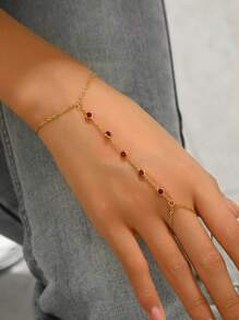 1st Dames Goudkleurige Roestvrijstalen 5-Ronde Rode Zirkonia Steen Vinger Armband, 18K Goud Vergulde Mode Sieraden