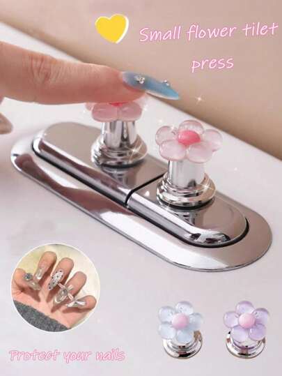 3pcs Floral Cartoon Toilet Flush Handle, Flower Shaped Toilet Flush Button, Toilet Tank Button, Flower Shaped Toilet Flush Valve, Toilet Flush Button Press Tool, Creative Flower Drawer Cabinet Pull Handle - Easy Press, Fashionable Bathroom Accessories, Add Elegant Atmosphere, Suitable For Long Nail Bathroom Decor, Autumn Decoration
