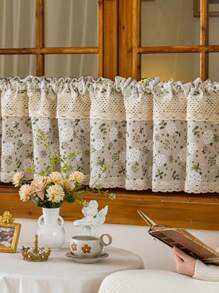 1 件波西米亚风格印花亚麻短窗帘带钩编蕾丝花边复古别致咖啡厅窗帘帷幔适用于厨房浴室窗杆口袋顶部