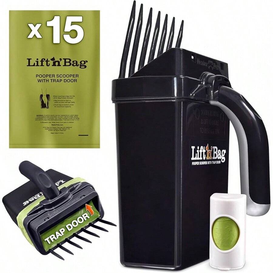 Neater Pets Lift N' Bag Trap Door Dog Pooper Scooper With Bag Attachment For Small To Large Breeds - 15 Refill Bags - Heavy Duty Dog Poop Scooper For Yard & Walks, One-Handed Operation, Direct To Bag - Black - View 1