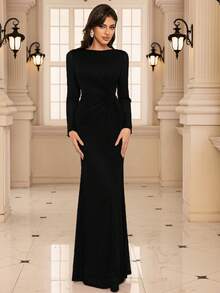 Elisanya Elegantes Einfarbiges Twist Langarm Damen Elegantes Luxus Klassisch Stretchstrick Glitzer Kleid (Erwachsene) Damen Neujahrskleid Elegantes Abschlussball Gast Kleid für Abschluss, Dinner, Abendparty, Formell, Abendkleid