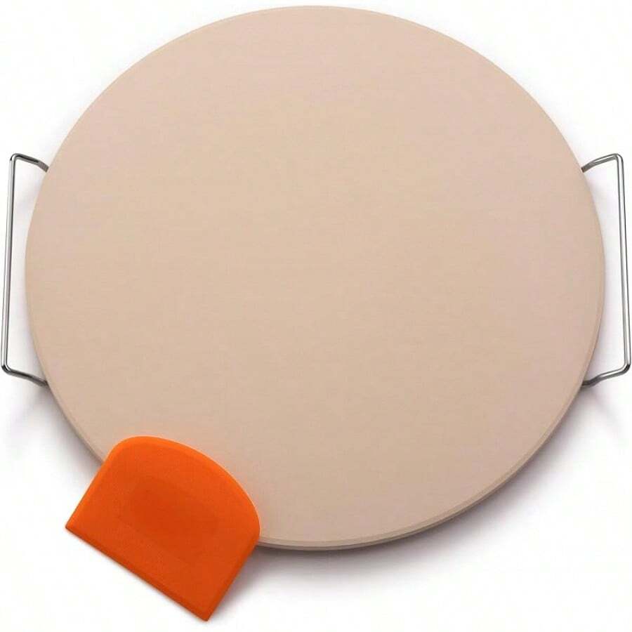 16" Pizza Stone For Oven & Grill With Handles - Natural Cordierite Baking Stone Set With SS Rack & Plastic Scraper (1500 °F Resistant, Round, Large)