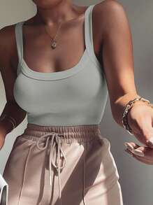 ChicMe Body de tirantes finos de canalé de corte ajustado, sin mangas, de cuello en U, básico y versátil para mujer - Gris - Ver 5