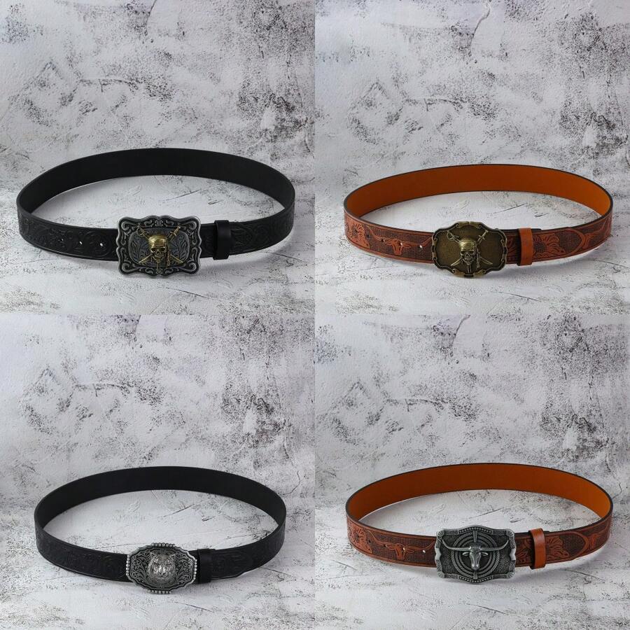 Zinc Alloy Western Style Retro Skull, Leopard Head, Sheep Head Pattern Embossed Texture Boho Faux Leather Belt - Multicolor - View 1