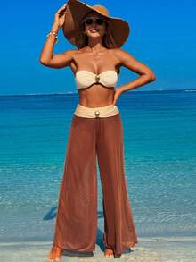 Conjunto de traje de baño de 3 piezas para mujer con top tubo, accesorios metálicos y pantalones de malla para playa y vacaciones de verano