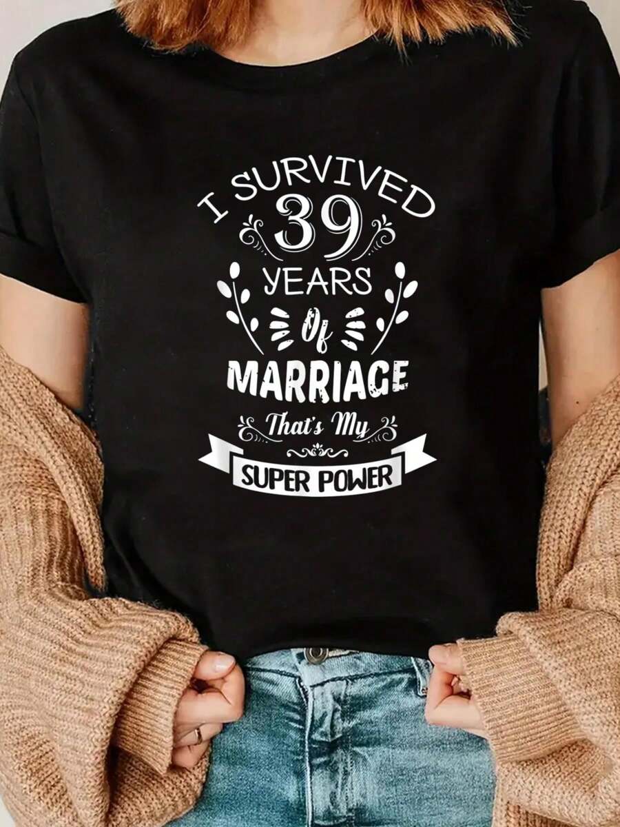 I Survived 39 Years Of Marriage Wedding Gift - Husband Wife T-Shirt Print Crew Neck T-Shirt For Summer, Women's Soft Short Sleeve Top, Stylish Comfy Tee For Women Graphic Tees