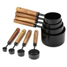 4/8 piezas Taza y cuchara de medir, conjunto de taza de medir y cuchara de medir de acero inoxidable, taza de medir de acero inoxidable con mango de madera de acacia para ingredientes secos y líquidos, herramientas para hornear DIY, cuchara para sazonar, cuchara para polvos, cuchara de café