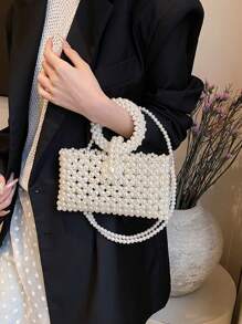 1 Pc Fashionable And Versatile Faux Pearl Material Diamond Grid Hollow Bead Mini Small Square Bag For Women's Summer Casual Mobile MINI Diamond Shaped Bag Handbag Suitable For Vacation Travel&Outdoor Leisure Shopping&Fashion Clothing Matching There Are Two Sizes To Choose From