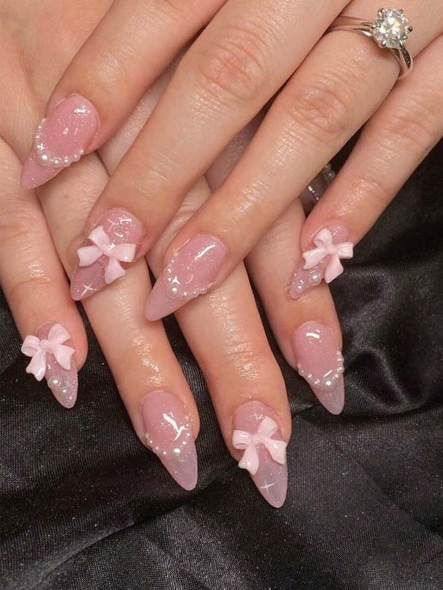 24 piezas de uñas postizas con mariposas francesas de estilo pastel y adornos de perlas falsas, con 1 pieza de gel de gelatina y 1 pieza de lima de uñas, suministros para uñas