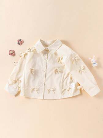 1 件女童甜美 3D 蝴蝶结装饰长袖衬衫，春秋