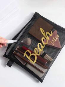 玫红色和金色闪亮字母 Maestra 网眼化妆包、口红和气垫粉扑收纳便携式化妆包、透明收纳包盥洗包旅行袋、夏威夷休闲度假风格化妆包化妆包护肤包盥洗包收纳袋、旅行必需品邮轮必需品宿舍必需品