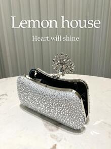 1 pieza de bolso de noche elegante de lujo con pedrería y brillo azul marino, bolso de mano de moda con cierre de pedrería, adecuado para banquetes, fiestas, bodas, galas, regalo ideal para - Plata 2 - Ver 7