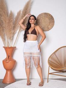 Skirt Knitted Beach Cover-Up With Fringes And Detail On The Hem. - 白色 - 查看 2