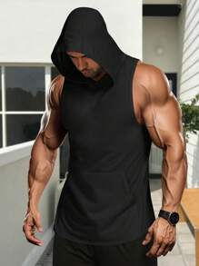 Men's Sports Solid Color Hooded Top, Suitable For Gym, Outdoor Leisure Running, Swimming, Cycling Top - Black - View 2
